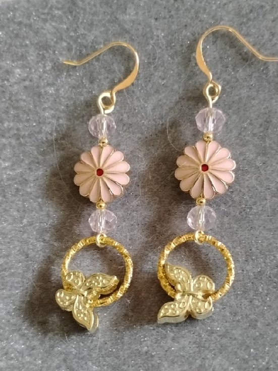 Hand Crafted Jewelry - Hand Crafted Delicate Pink Daisy & Gold Butterfly Drop Earrings 💕HP💕